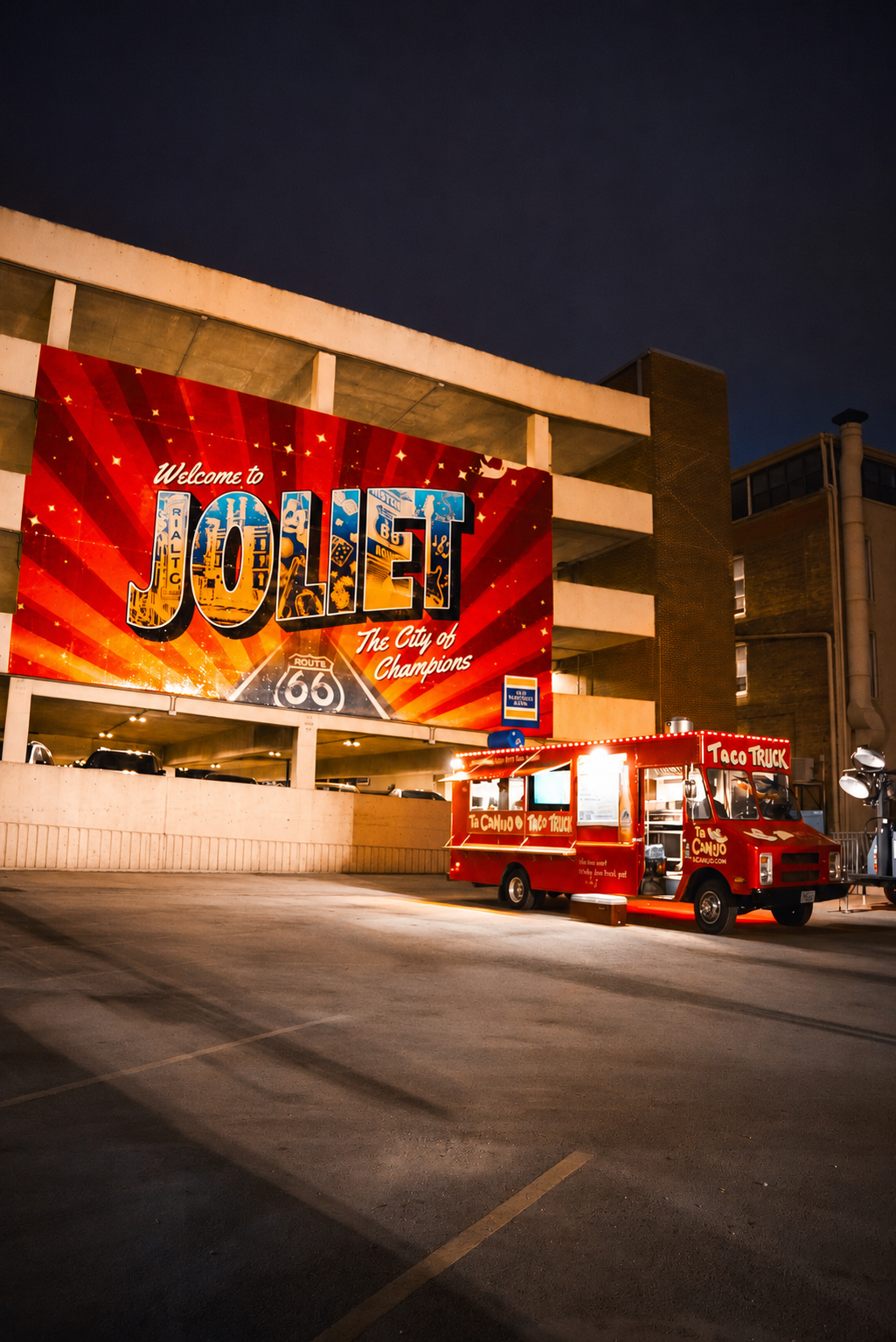 Ta Canijo taco truck by the Welcome to Joliet mural at night